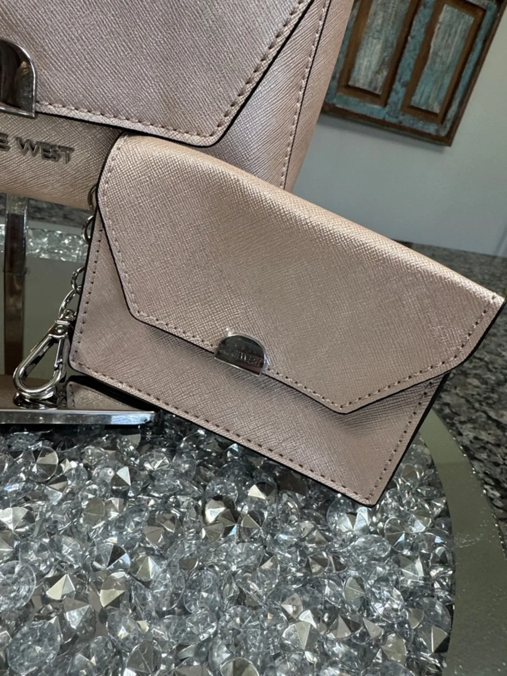 Nine West Rose Blush metallic Crossbody Bag with Matching Card Case NEW